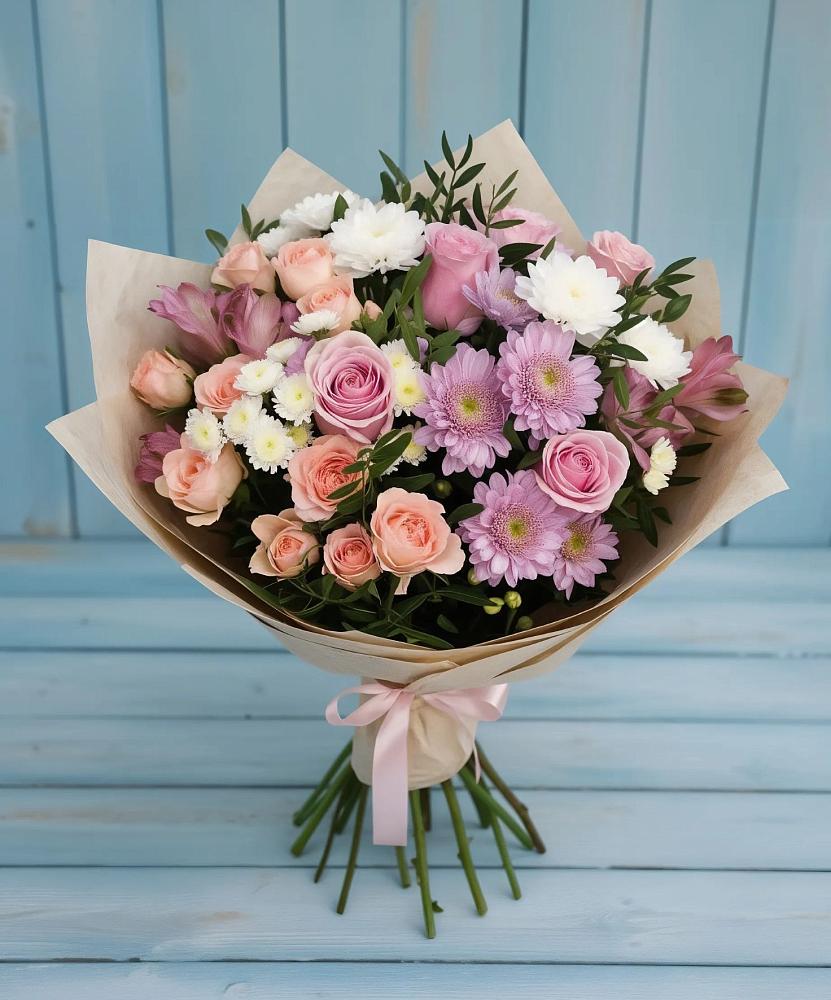 Букет цветов из: Хризантемы, Розы и Альстромерии в Клявлино