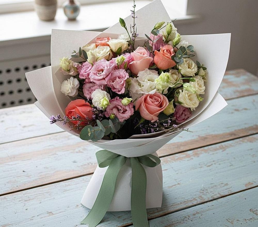 Букет цветов из: Розы, Лизиантусы и Гвоздики в Клявлино