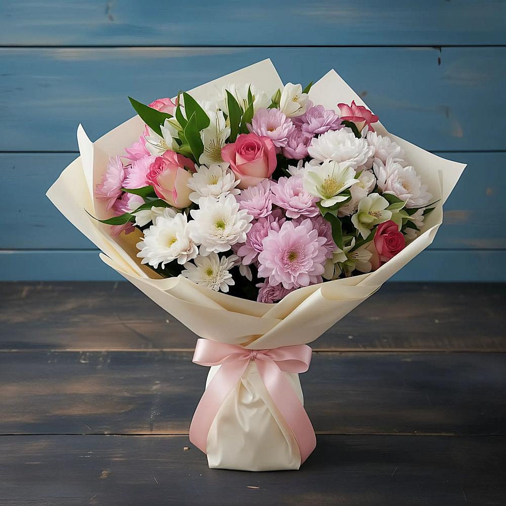 Букет цветов из: Хризантемы, Альстромерии и Розы в Клявлино